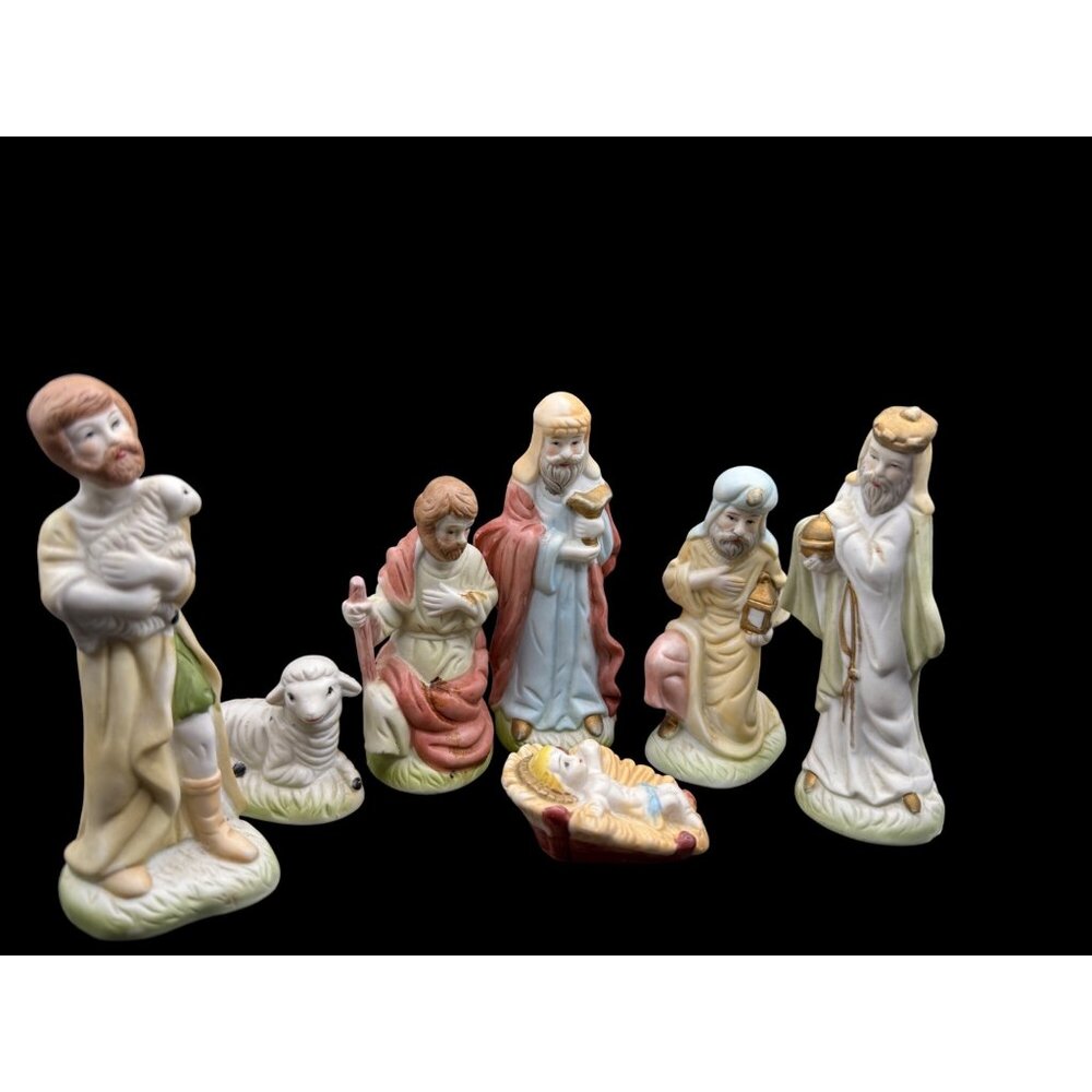 Vintage Ceramic Nativity Scene Set Hand Painted Ceramic 7 Pieces